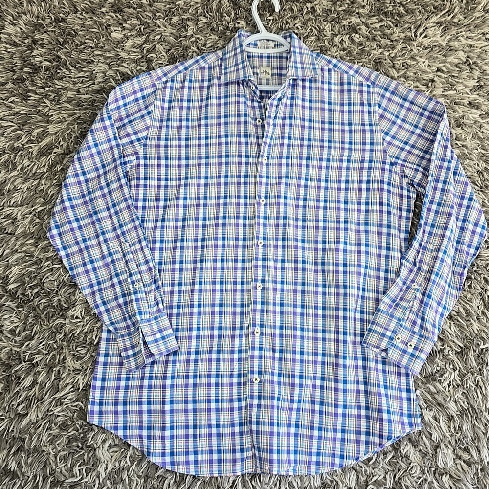Peter Millar Mens Large Blue Purple Plaid Cotton Long Sleeve Button Down Shirt